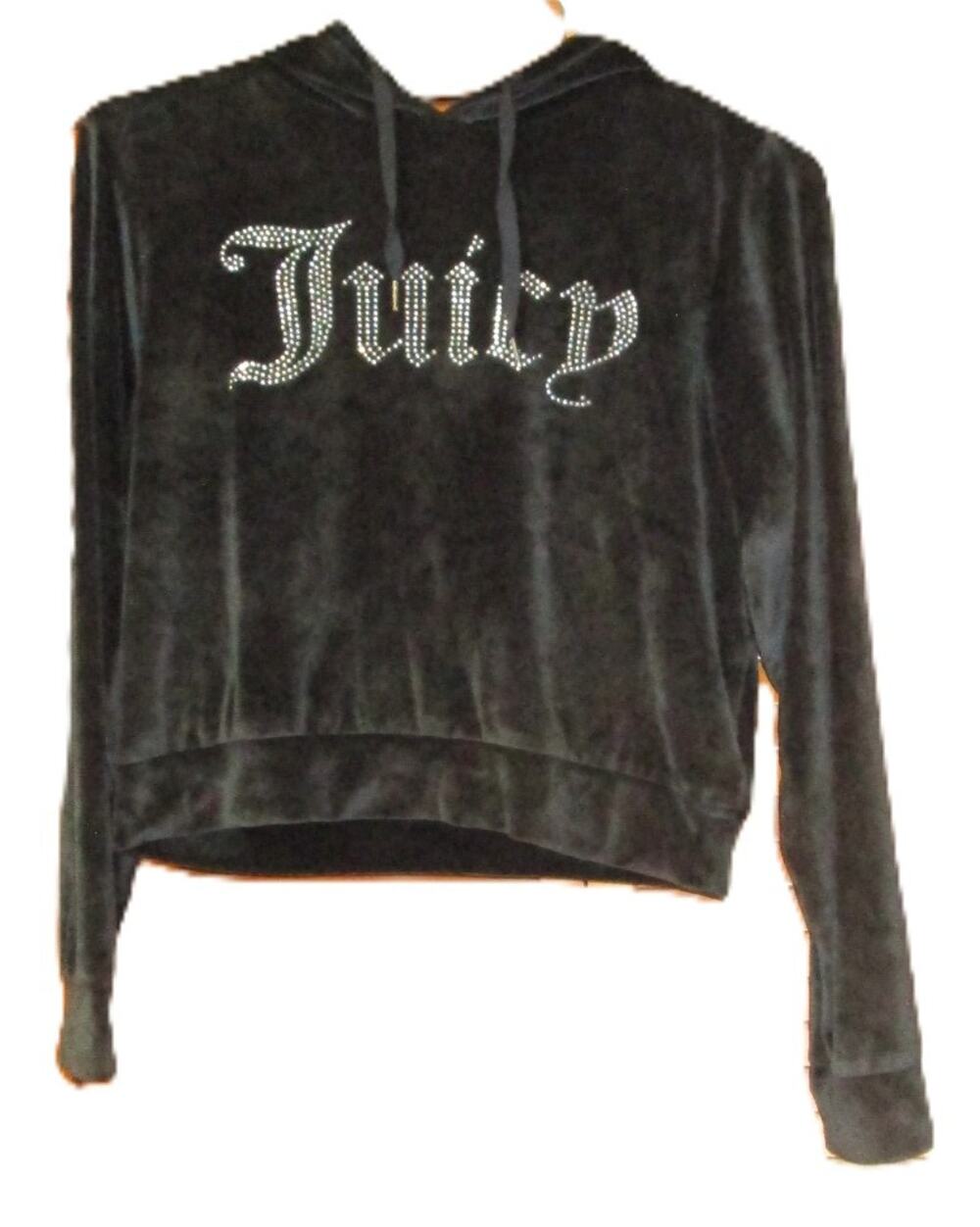 Juicy Couture Women's Black Velour Hoodie Sleepwear Rhinestone Logo Size Medium